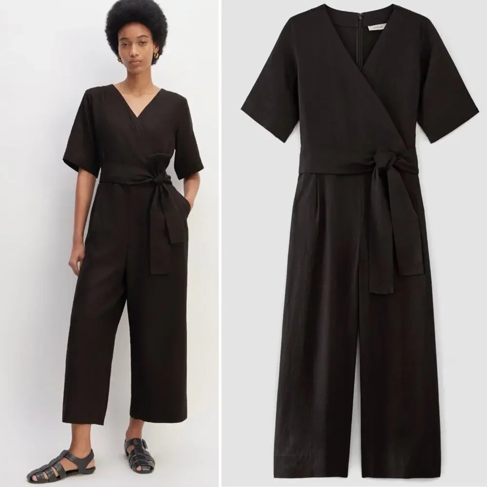 Everlane Black Linen Wrap Jumpsuit Size 6 NWOT Minimalist One Piece Sustainable